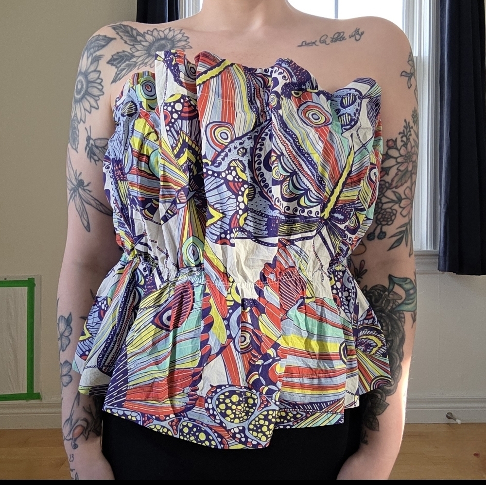 Anthropologie Multi-Color Abstract Print Strapless Peplum Top